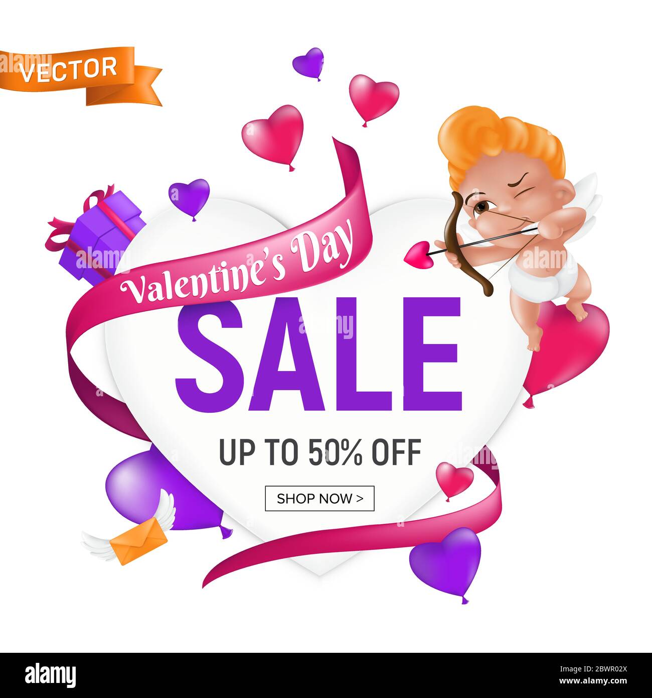 Valentinstag`s Verkauf Banner oder Flyer Design-Vorlage mit niedlichen Cartoon Cupid oder Baby Engel mit Bogen und Herz-Form-Pfeil. Vektorgrafik für gif Stock Vektor